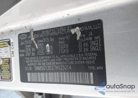 2007 Hyundai Santa Fe Gls из США, поврежденный, VIN 5NMSG13D27H125214